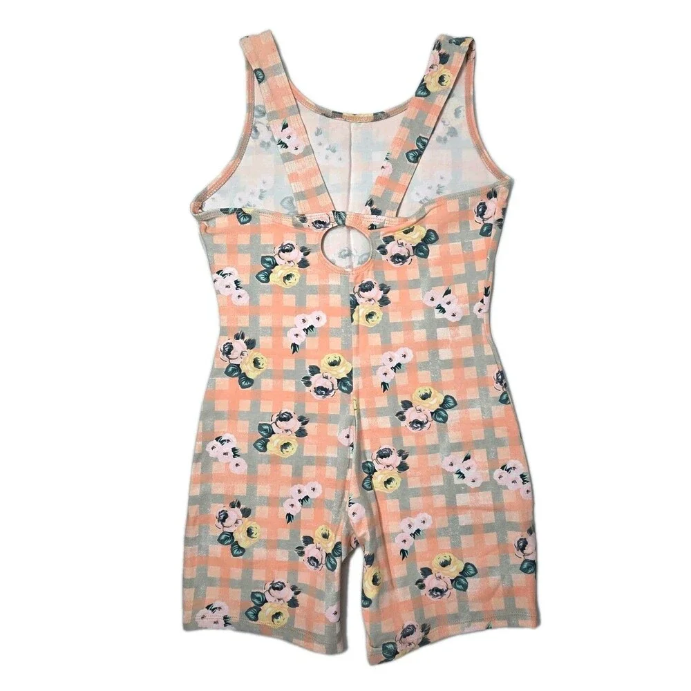 Gilda Marx VTG 90s Kids Cotton Peach Plaid Floral Biketard Singlet Size 12/14
